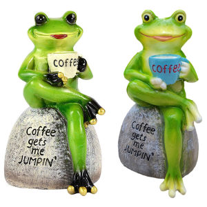 【New Arrival】Cartoon Frog Animal Statue Resin Frogs Sitting On Stone Figurines Drinking Coffee Frog Micro Landscape Home Decoration