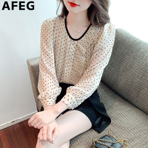 AEEG new Korean version of the round-neck fashion loose and versatile polka dot chiffon long-sleeved blouse for Women