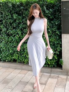 CHOUXIE | Stylish Waist-Cinched Purple Knitted Dress