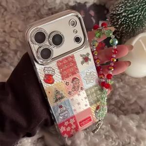 Korean Christmas Grid Pattern Glitter Phone Case For iPhone 17 16 15 14 13 12 11 Pro Max Plus With Chain Shockproof Hard Cover