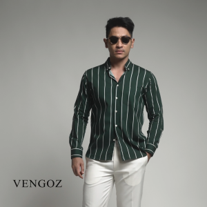 VENGOZ Kemeja Pria Slimfit - Vicente Stripe Dark Green LS