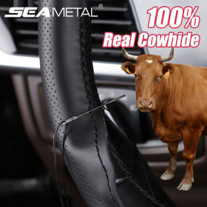 SEAMETAL 100% Genuine Leather Steering Wheel Cover Breathable Wear-Resistant Braid Car Steer Wheel Cover Universal for 37-39cm