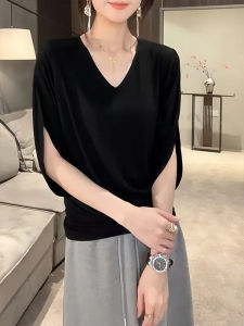 BINKAFENNY | Black V-Neck Slimming Loose T-Shirt for Women