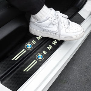 4pc/Set Car Door Side Step Sill Strip fluorescence Carbon Fibre Leather Anti Scratch Protector Sticker Fiber for BMW