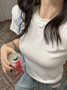 Gold Su Yi Heart Short Sleeve Womens T-shirt Summer 2025 round Neck Versatile Overhead White Chic Top Trendy Polyester Rayon Spandex Blend