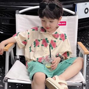 Rose Print Casual Shirt Thin Short Sleeve Summer Cotton Polyester Boys Fashionable Beach Vacation Casual Shirt for Kids