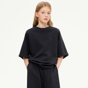 Ellekids Kids Short Sleeve T-Shirt Embroidered Batwing Cuff Doggies Pattern Casual Top for Girls Autumn New Style Polyester Blend