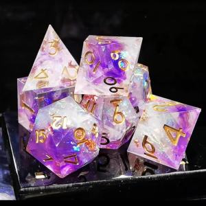 DnD Dice Set – 7pcs Sharp Edge Resin Dice Light Purple with Gold Numbers Polyhedral D&D Dice for RPG Board Games