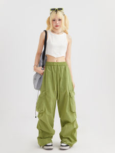 American Retro Dopaamine Green Work Trousers Outdoor Waterproof Paratrooper Summer Thin Casual Long Pants Streetwear Style