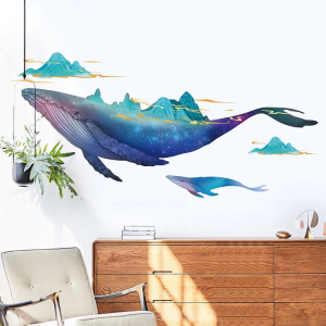 Decal giấy dán tường Cá Voi Xanh Hùng vĩ và Phong cảnh núi non Có keo sẵn Trang trí phòng ngủphòng khách