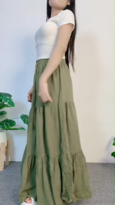 ชุดเซ็ตเรียบหรู เสื้อยืดแขนสั้น กระโปรงพลีทสีเขียว