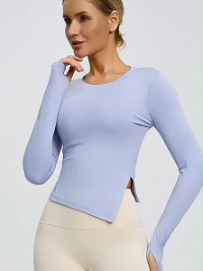 UMISO Women Slit Yoga Top Quick Dry Breathable Running Fitness Long Sleeve Round Neck Slim Sports Shirt
