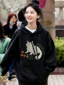 เสื้อสเวตเตอร์ฮู้ดสีดำสำหรับผู้หญิง ทรงหลวม แขนยาว ผ้าผสมคอตตอนและโพลีเอสเตอร์ ทรงปกติ ฤดูใบไม้ร่วง 2025