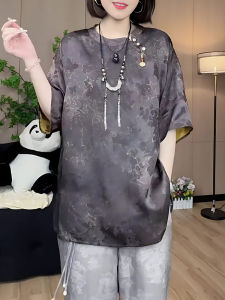 Miss plus Size Chinese Style T-Shirt Womens Summer New Fashion Half Sleeve Embroidery Dark Pattern Airy Top Commute Style