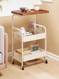 Retro Sofa Side Table Living Room Snack Bedside Mobile Cart Storage Rack Tea Table Small Pushcart Cream Style Metal Material