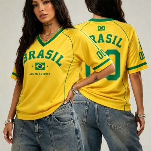 Brasil Bóng Đá Áo Thun 2026 Nam Nữ Màu Vàng Xanh In Hình Cổ Chữ V Tay Ngắn Dạo Phố Bóng Đá Thời Trang Thể Thao Hàng Đầu