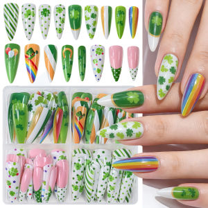 96Pc Long Stiletto Press On Nails Green Clover Rainbow Fake Nails Full Cover Reusable for Women St. Patricks Day Party Manicure