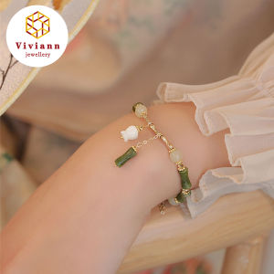 Viviann Original Vintage Olive Bamboo Chain Flower Pendant Hotan Jade Bracelet Girl Hetian Jade Good Luck Charm Woven Braided Bracelets for Women Girls Fine Jewelry