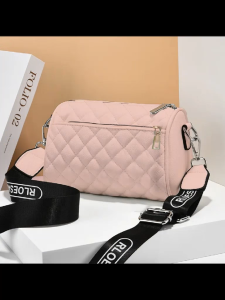 VIVIBAGS#1608 Cute classic barrel shape crossbody bag for female with a diamond-lattice quilted pattern and a distinctive wide adjustable logo strap.
