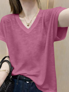 V.C.I | European Pink V-neck Short Sleeve T-shirt Bamboo Cotton Ice Silk