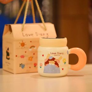 2024 New Cartoon Ceramic Mug Office Tea Cup with Lid Couple Matching Mugs Cute Design Drinkware Versatile Universal Use 380ml