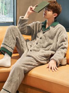Teenage Mens Sleepwear Coral Fleece Flannel Thickened Home Clothes Set Autumn Winter New Style Comfortable Long Sleeve Pajamas