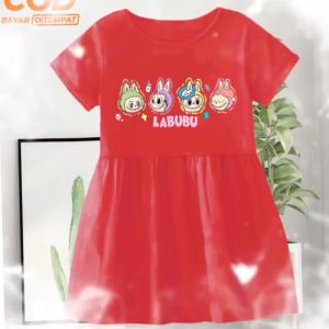 Dress Kerut anak perempuan usia 1-8 tahun Bergambar Labubu Kekinian