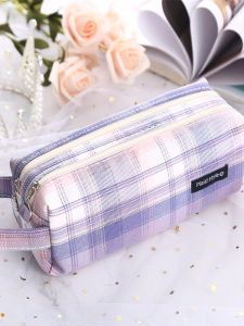 Salt JK Internet Celebrity Double-Layer Plaid Pencil Case Girl Minimalist Ins Style Korean Creative Large Capacity Pencil Case School Opening Young Adult Heart Pencil Box Multi-Functional Primary School Student Junior High School Fancy Buggy Bag
