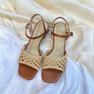Goatskin Version Artistic Retro Woven Hollow Out One-character Summer Shoes for Women with Coarse Heels and Open Toe Design