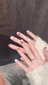 10PCS Handmade Pink Strawberry Press On Nails with Pearl Sweet Girl Style Ultra Short Design With 4-PIECE Tool Adhesive Nail