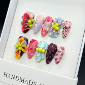 Handmade 3D Floral Design Nail Tips Almond Shape Tropical Flower Style Dopaamine Gradient Floating Petal Nail Art Accessories