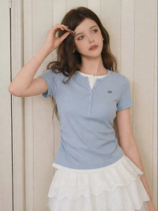 QIAOJIAOYA | Áo Thun Cổ Henley Xếp Lớp Màu Xanh