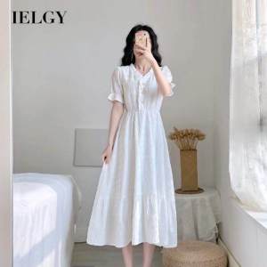IELGY Popular French Short-Sleeved V-Neck White Dress