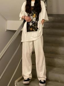 กางเกงขายาวทรงตรงผ้าฝ้ายสีขาวสำหรับผู้หญิง กางเกงขายาวทรงหลวมสไตล์สตรีท กางเกงขายาวทรงขากว้างสไตล์อเมริกัน กางเกงขายาวทรงตรงสำหรับใส่ลำลอง