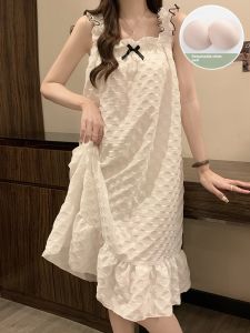 Princess Wind Belt Chest Pad Nightdress Womens Summer Sling Woven Cotton Fancy Pajamas Summer Plus Size Maternity Homewear