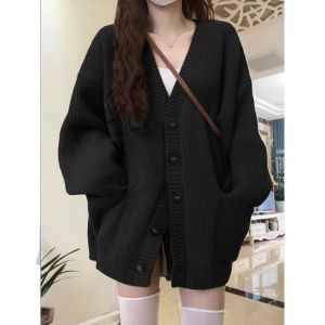 Loose V-Neck Black Knitted Cardigan Womens Spring Autumn plus Size Sweater Coat Sweet Style Cotton Long Sleeve Thickened