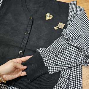 ●ECLAIRE● 0KX Kemeja Oversize Knit Kombinasi Motif Houndstooth Lengan Panjang Classy Kasual Import Premium 13411