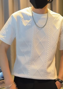 2026 New Mens Diamond Jacquard Short Sleeve T-Shirt – Round Neck Slim Fit Heavyweight Tee Korean Hip Hop Casual Top Premium Streetwear Summer