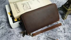 [Full hộp] Ví cầm tay nam da bò sáp 2 khóa WL128LD (Nâu sáp) - 100% da thật BH 3 năm