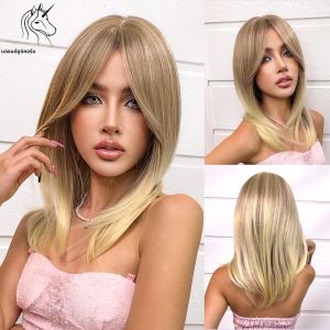 Blonde Unicorn ตรงวิกผมสีบลอนด์วิกผมสังเคราะห์กับ Bangs ทุกวันคอสเพลย์วิกผมผู้หญิง Dark Roots ความร้อนทนเส้นใยผม