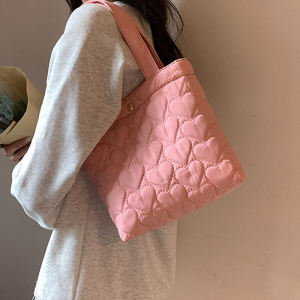 Large Capacity Heart Pattern Diamond Grid Tote Bag Single Shoulder Handheld Korean Style Pure Color Student Bag Oxford Cloth Material