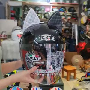 Combo Nón bảo hiểm KLT đen bóng gắn tai mèo đen trắng siêu độc lạ