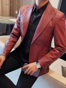 Casual Style Mens Leather Jacket Pu Material Business Casual Slim Fit Coat with Single Button Decoration Youth Trendy Top