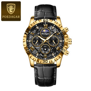 POEDAGAR Fashion Man Watch Waterproof Luminous Chronograph Leather Strap Luxury Watches For Men Business Quartz Mens Wristwatch