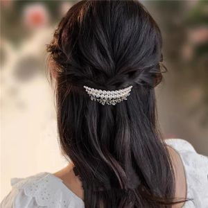 French Style Pearl Crystal Crescent Spring Clip Womens Back of Head Half-tied Hair Clip High-end Elegent Hair Accessories