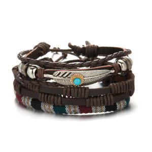 Trendy Braided Wrap Leather Bracelets Men Vintage Cross Dumbbell Guitar Charm Wood Beads Male Wristbands Jewelry Pulsera Hombre