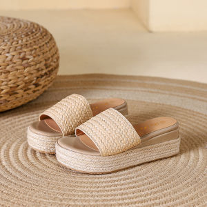Womens Outdoor Slip-On Summer New Korean Style Platform Thick Bottom Sandals Straw Weaving Retro High Heel One-Strap Slippers