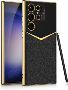 Luxury Leather Cover for Samsung Galaxy S25 S24 S23 Ultra with Gold Electroplating Frame Soft Edge Full Body Protective Cover