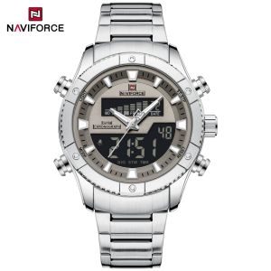 Naviforce | New NAVIFORCE Men Dual Display Sport Resistant Alarm Watch Stainless Steel Water Countdown Multi Function Wristwatch Gifts Box