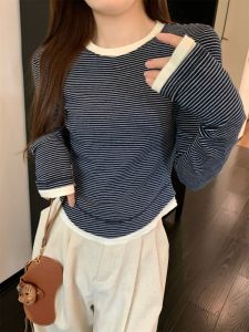 Unique Faux Two-Piece T-Shirt Womens Spring Autumn 2025 Color Block Striped Long Sleeve Top Waist Cinching Base Shirt